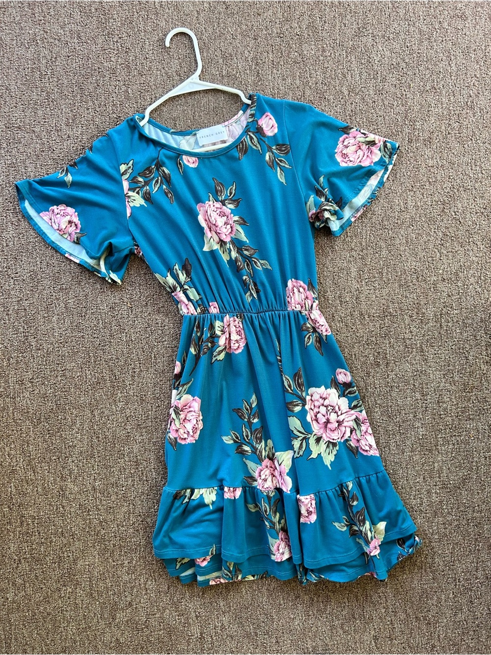 French Grey Teal Floral Ruffle-Hem Dress